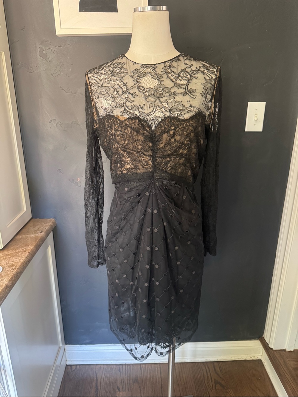 Neiman Marcus Bill Blass Black Lace Long-Sleeve Sheath Dress